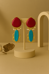 BOLD RED & BLUE STATEMENT EARRINGS WITH GOLD DETAILING